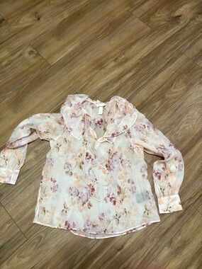 H&M Floral Tie-Neck Blouse - White, Pink, Beige